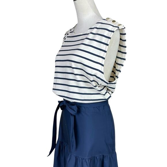 Veronica Beard NWT Pazila Mixed Media Navy Cream Stripe Tiered Midi Dress - Picture 8 of 16